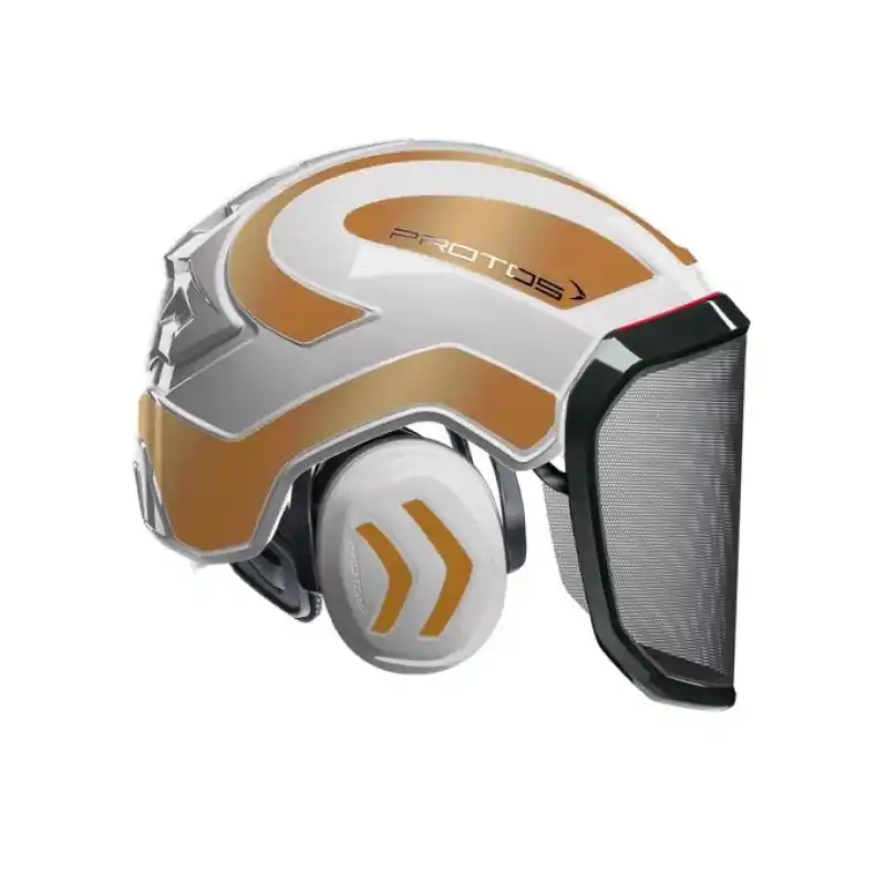 CASQUE DE PROTECTION INTEGRAL FORESTIER – TRONCONNAGE – ELAGAGE – DEBROUSSAILLAGE – VISIERE F39 – BLANC ET OR – Blanc et Or Populaire