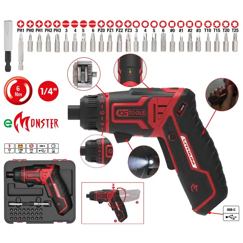 Pack visseuse sans fil eMonster 3,6V + 25 embouts 1/4" – 515.6500 Commande En Gros
