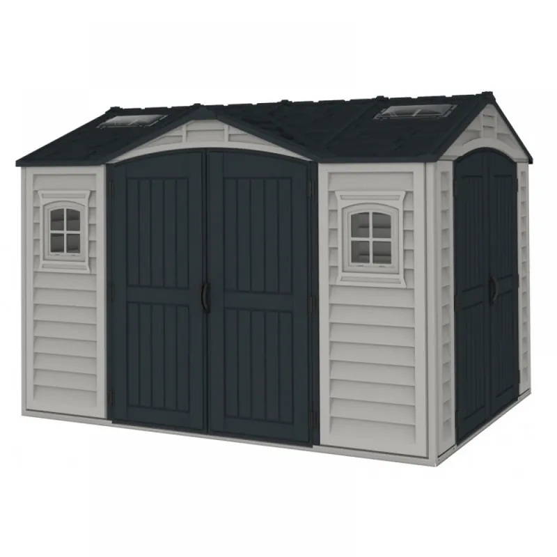 Abri de jardin PVC Apex + kit de fondation – kit 2 fenêtre – 2 puits de lumière – 8,05 m² Nouveauté